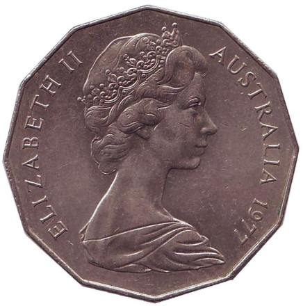 Монета 50 центов. 1977 год, Австралия. Серебряный юбилей правления королевы Елизаветы II. Монета 50 центов. 1977 год, Австралия. Серебряный юбилей правления королевы Елизаветы II.