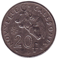 Монета 20 франков. 1990 год, Новая Каледония. Быки. Монета 20 франков. 1990 год, Новая Каледония. Быки.