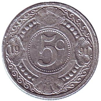 Монета 5 центов, 1991 год, Нидерландские Антильские острова. Цветок апельсинового дерева. Монета 5 центов, 1991 год, Нидерландские Антильские острова. Цветок апельсинового дерева.