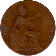 Монета 1/2 пенни. 1909 год, Великобритания. Монета 1/2 пенни. 1909 год, Великобритания.
