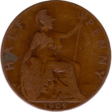 Монета 1/2 пенни. 1909 год, Великобритания.