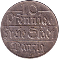 Монета 10 пфеннигов. 1923 год, Данциг. Монета 10 пфеннигов. 1923 год, Данциг.