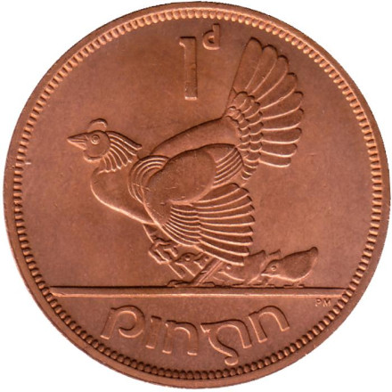 Монета 1 пенни. 1967 год, Ирландия. Птица. Ирландская арфа.