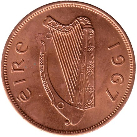 Монета 1 пенни. 1967 год, Ирландия. Птица. Ирландская арфа. Монета 1 пенни. 1967 год, Ирландия. Птица. Ирландская арфа.