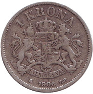 Монета 1 крона. 1906 год, Швеция. Король Оскар II. Монета 1 крона. 1906 год, Швеция. Король Оскар II.