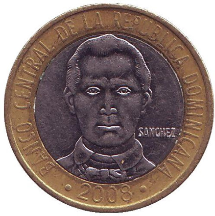 Монета 5 песо. 2008 год, Доминиканская Республика. (Магнитная) Франсиско дель Росарио.
