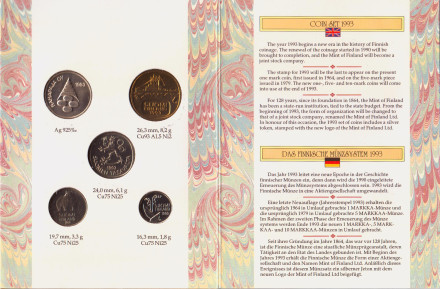 Набор монет Финляндии в буклете (4 шт. с жетоном). 1993 год, Финляндия. Набор монет Финляндии в буклете (4 шт. с жетоном). 1993 год, Финляндия.