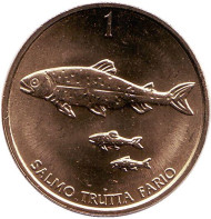 Монета 1 толар. 2000 год, Словения. UNC Ручьевая форель. Монета 1 толар. 2000 год, Словения. UNC Ручьевая форель.