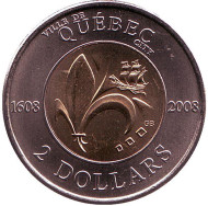 Монета 2 доллара. 2008 год, Канада. 400 лет с момента основания Квебека.