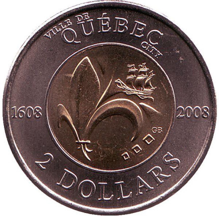 Монета 2 доллара. 2008 год, Канада. 400 лет с момента основания Квебека.
