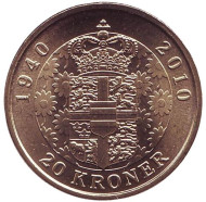 Монета 20 крон. 2010 год, Дания. 70 лет со дня рождения королевы Маргрете II. Монета 20 крон. 2010 год, Дания. 70 лет со дня рождения королевы Маргрете II.