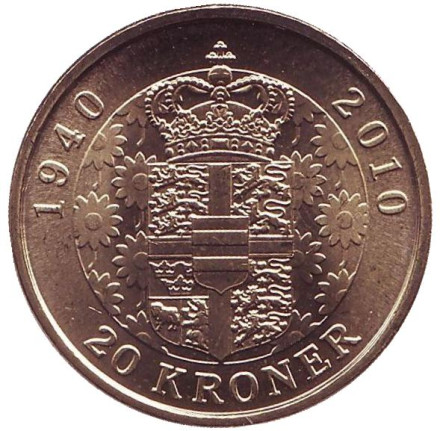 Монета 20 крон. 2010 год, Дания. UNC. 70 лет со дня рождения королевы Маргрете II.
