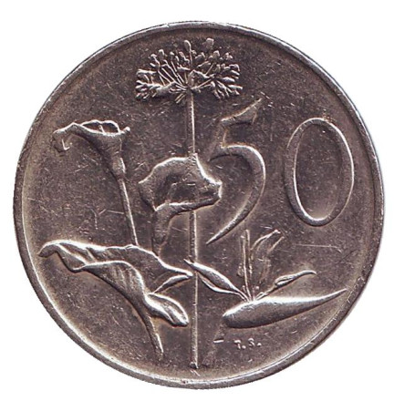 Монета 50 центов. 1983 год, ЮАР. Из обращения. Цветы.