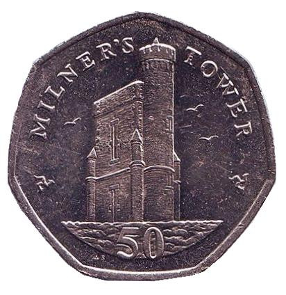 Монета 50 пенсов. 2016 год, Остров Мэн. (AB) Башня Милнера.
