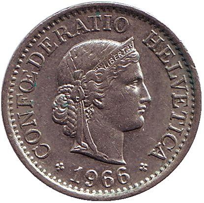 Монета 10 раппенов. 1966 год, Швейцария.