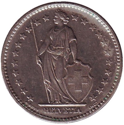 Монета 2 франка. 1973 год, Швейцария. Гельвеция. Монета 2 франка. 1973 год, Швейцария. Гельвеция.