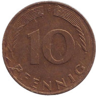 Монета 10 пфеннигов. 1989 год (F), ФРГ. Дубовые листья. Монета 10 пфеннигов. 1989 год (F), ФРГ. Дубовые листья.