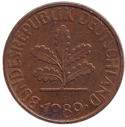 Монета 10 пфеннигов. 1989 год (F), ФРГ. Дубовые листья.