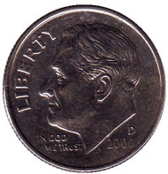 Монета 10 центов. 2000 (D) год, США. Рузвельт. Монета 10 центов. 2000 (D) год, США. Рузвельт.