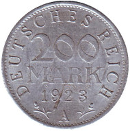 Монета 200 марок. 1923 год (А), Веймарская Республика. Монета 200 марок. 1923 год (А), Веймарская Республика.
