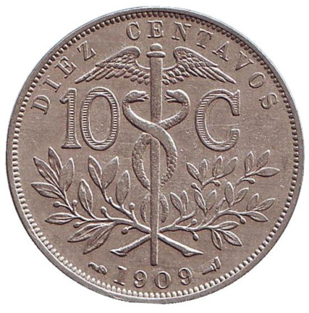 Монета 10 сентаво. 1909 год, Боливия.