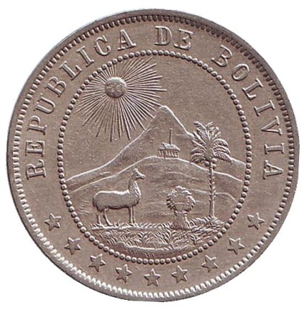 Монета 10 сентаво. 1909 год, Боливия. Монета 10 сентаво. 1909 год, Боливия.