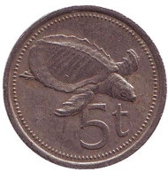 Монета 5 тойа, 1978 год, Папуа-Новая Гвинея. Редкая. Свиноносая черепаха. Монета 5 тойа, 1978 год, Папуа-Новая Гвинея. Редкая. Свиноносая черепаха.