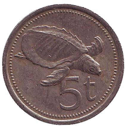 Монета 5 тойа, 1978 год, Папуа-Новая Гвинея. Редкая. Свиноносая черепаха.