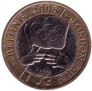 Монета 2 фунта. 2008 год, Великобритания. Церемония передачи Олимпийских игр. Монета 2 фунта. 2008 год, Великобритания. Церемония передачи Олимпийских игр.