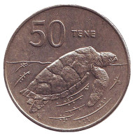 Монета 50 тене (центов). 1992 год, Острова Кука. Морская черепаха (Бисса). Монета 50 тене (центов). 1992 год, Острова Кука. Морская черепаха (Бисса).