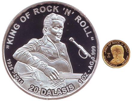 Элвис Пресли. Комплект из двух монет номиналом 20 и 200 даласи. 2015 год, Гамбия.