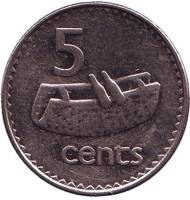 Монета 5 центов. 2006 год, Фиджи. Фиджийский барабан (лали). Монета 5 центов. 2006 год, Фиджи. Фиджийский барабан (лали).