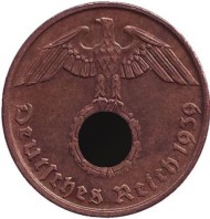 Монета 2 рейхспфеннига. 1939 год, Германия (Третий Рейх). (D). Монета 2 рейхспфеннига. 1939 год, Германия (Третий Рейх). (D).