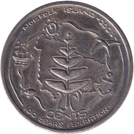 Монета 20 центов. 2001 год, Австралия. 100-летие образования федерации. Остров Норфолк.