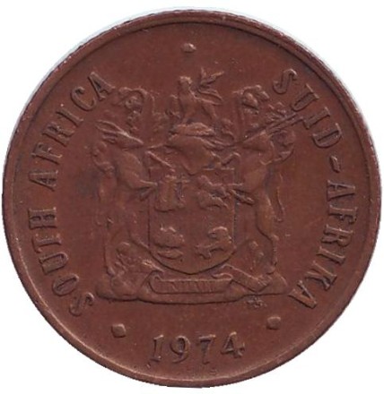 Монета 2 цента. 1974 год, Южная Африка. Белохвостый гну.