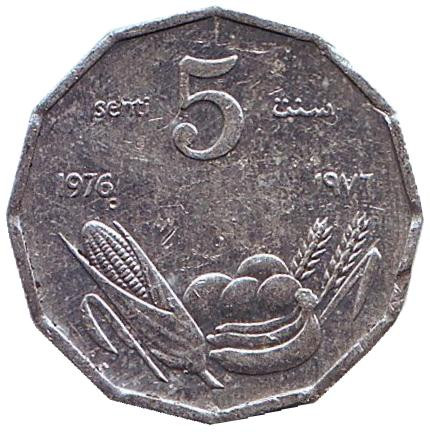 Монета 5 центов. 1976 год, Сомали. Из обращения. ФАО. Фрукты, злаки, кукуруза.
