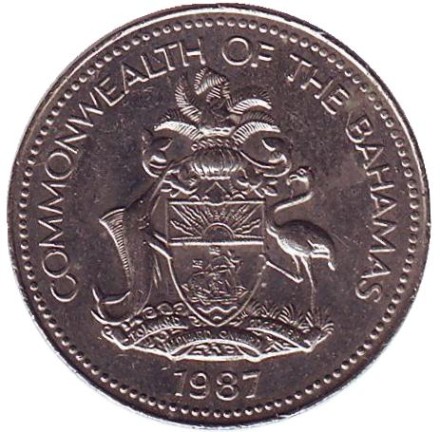 Монета 5 центов. 1987 год, Багамские острова. Ананас. Монета 5 центов. 1987 год, Багамские острова. Ананас.