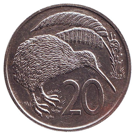 Монета 20 центов. 1968 год, Новая Зеландия. Киви (птица).