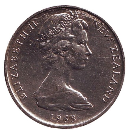 Монета 20 центов. 1968 год, Новая Зеландия. Киви (птица). Монета 20 центов. 1968 год, Новая Зеландия. Киви (птица).