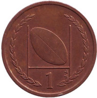 Монета 1 пенни, 1998 год, Остров Мэн. Из обращения. (Без отметки на аверсе). Новый тип. Мяч для регби.