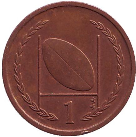 Монета 1 пенни, 1998 год, Остров Мэн. Из обращения. (Без отметки на аверсе). Новый тип. Мяч для регби.