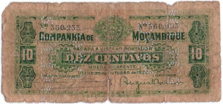 Банкнота 10 сентаво. 1933 год, Мозамбик. (перфорация "PAGO 5.11.1942"). P-R28. 