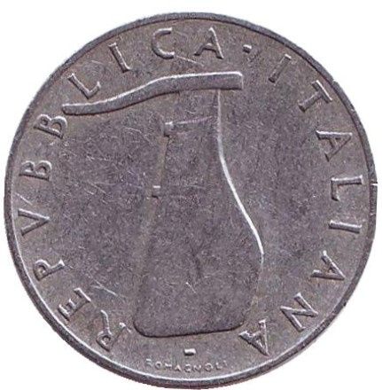 Монета 5 лир. 1953 год, Италия. Дельфин. Судовой руль. Монета 5 лир. 1953 год, Италия. Дельфин. Судовой руль.