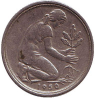 Монета 50 пфеннигов. 1950 (G) год, ФРГ. Женщина, сажающая дуб. Монета 50 пфеннигов. 1950 (G) год, ФРГ. Женщина, сажающая дуб.