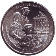 Монета 25 центов (P). 2017 год, США. Национальный монумент острова Эллис. Парк № 39. Монета 25 центов (P). 2017 год, США. Национальный монумент острова Эллис. Парк № 39.