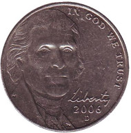 Монета 5 центов. 2006 год (D), США. Из обращения. Джефферсон. Монтичелло. Монета 5 центов. 2006 год (D), США. Из обращения. Джефферсон. Монтичелло.