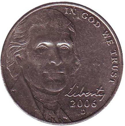 Монета 5 центов. 2006 год (D), США. Из обращения. Джефферсон. Монтичелло.