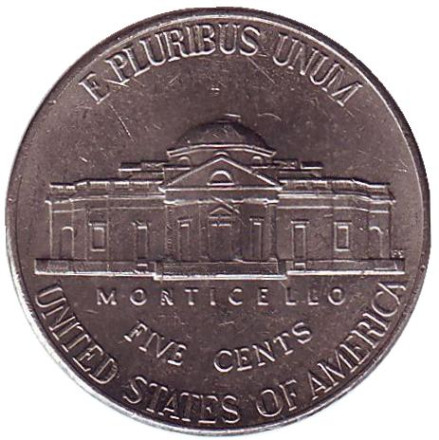 Монета 5 центов. 2006 год (D), США. Из обращения. Джефферсон. Монтичелло.