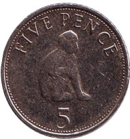 Монета 5 пенсов. 2009 год, Гибралтар. Варварийская обезьяна.