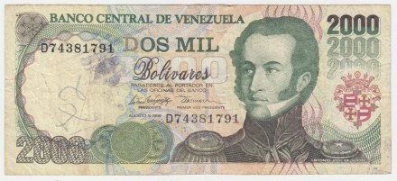 Банкнота 2000 боливаров. 1998 год, Венесуэла.